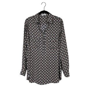 Pleione Medallion Print Half Button Down Collared Long Sleeve Top Size S